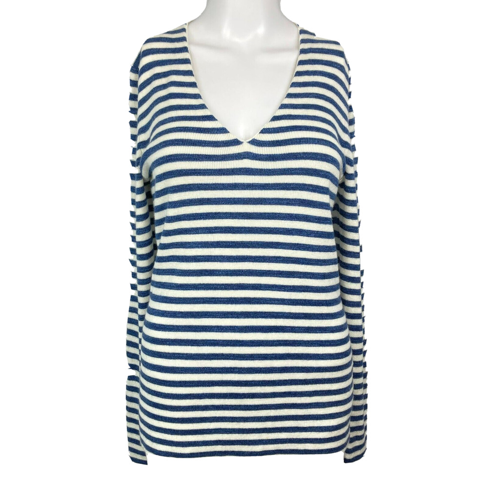 Banana Republic Sweater Womens Sz M Blue White Striped Wool Blend V Neck